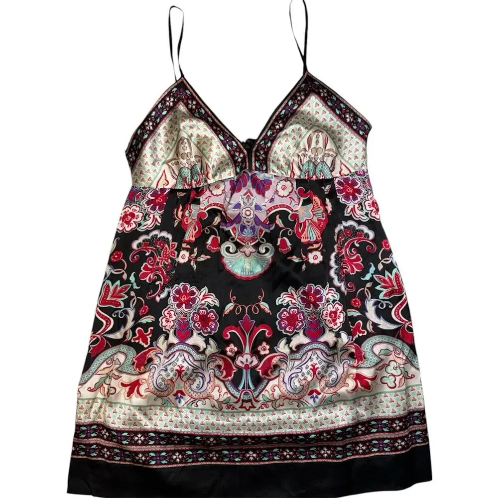 Aqua Silk Floral Y2K Slip Dress Size L Spaghetti Strap Boho Mini - Picture 4 of 7
